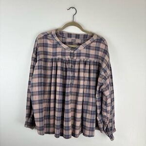 We The Free Jessi Large Plaid Shirt Blouse Top Balloon Sleeve 1/2 Button Beige